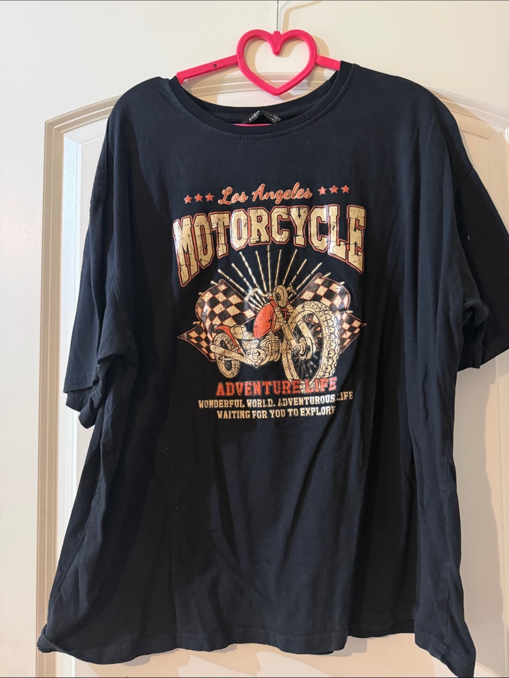 SHEIN Black Short-Sleeve Motorcycle Graphic Tee with Cream and Brown Accents